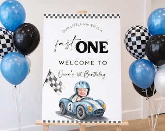 Fast ONE Birthday welcome sign, Race Car 1st Racing Car Racecar Poster, Template Instant Download Photo Picture, First lap decor