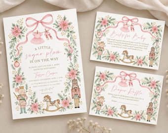 Nutcracker Ballet Baby Shower Invitation Bundle Winter Tutu, Invite Christmas Little Sugarplum books for baby, diaper raffle card inserts