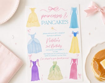 May include: A rectangular invitation card featuring watercolor illustrations of seven colorful princess dresses. The text reads princesses & PANCAKES, please join us to for a magical brunch to celebrate Natalie's 3rd Birthday, Saturday October 12, 9-11AM, 789 PRINCESS LN, SUNNYVALE, CA, RSVP TO ASHLEY: 123.456.7890, Come dressed as your favorite princess!