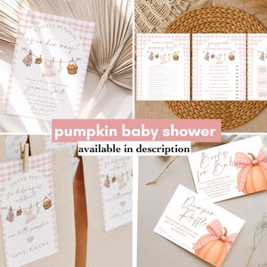 Peut inclure: Ensemble de papeterie pour baby shower sur le th&egrave;me du vichy rose. Comprend des invitations, des cartes de jeu, des &eacute;tiquettes de faveur et des billets de tombola. Les motifs pr&eacute;sentent des v&ecirc;tements de b&eacute;b&eacute;, des fleurs et une citrouille.