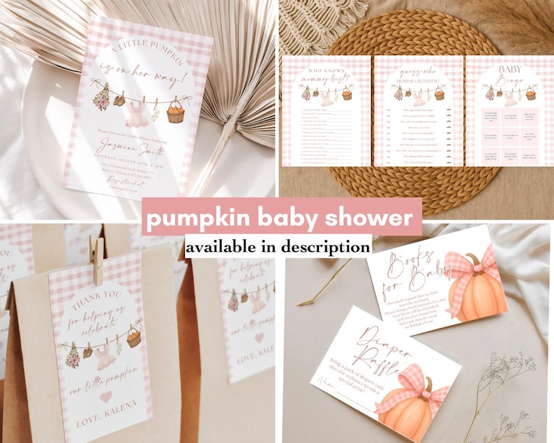 Peut inclure: Ensemble de papeterie pour baby shower sur le th&egrave;me du vichy rose. Comprend des invitations, des cartes de jeu, des &eacute;tiquettes de faveur et des billets de tombola. Les motifs pr&eacute;sentent des v&ecirc;tements de b&eacute;b&eacute;, des fleurs et une citrouille.