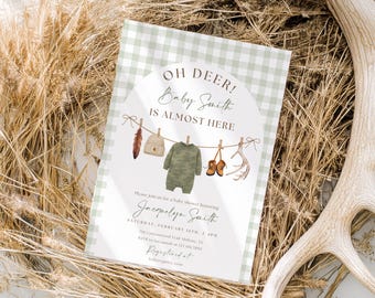 A Little Hunter is on the way Baby Shower Invitation, Winter hunting Baby Shower Invite Boy deer pheasant Oh Deer baby is almost here he