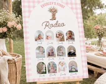 First rodeo 1st Birthday Milestone photos board, County fair Pink Floral Western, Gingham Girl, Cowgirl Boot Pink decor monthly pictures