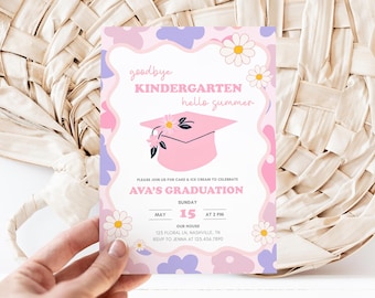 Kindergarten Graduation Party Invite, Preschool Party, Pastel Schools Out, Kindie Grad, summer Rainbow retro groovy goodbye pink floral