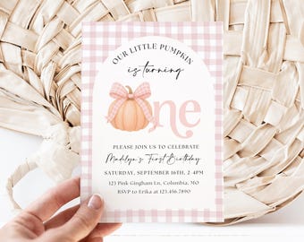 Pink Bow Our little pumpkin Invite, Our little pumpkin is turning one, fall first birthday girl, gingham autumn 1st party invitation Plaid