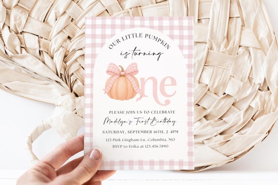 Pink Bow Our little pumpkin Invite, Our little pumpkin is turning one, fall first birthday girl, gingham autumn 1st party invitation Plaid
