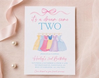 Princess 2nd birthday invite, Her royal Watercolor Invitation, six Royal Dress up Party Invite Tiara Dresses Costume Castle dream come two