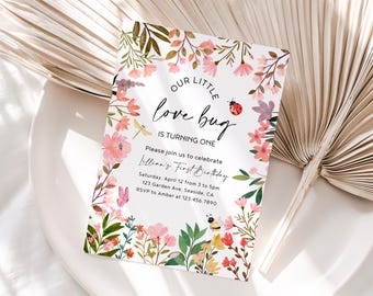 Love Bug First Birthday Invitation Bugs Butterflies Lady Bug Girl 1st Ladybug Invite Summer Spring Floral wildflower Bumblebee Bee Dragonfly