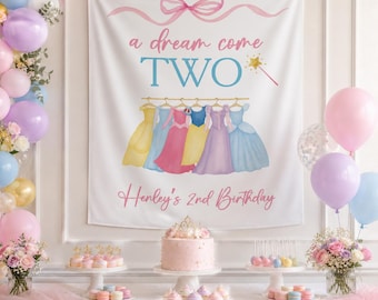 A dream come TWO party Banner, wall tapestry, photo backdrop Watercolor Princess Castle, decor welcome sign party girl poster