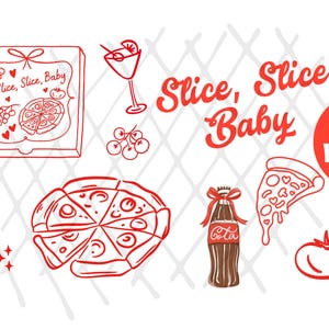 K&ouml;nnte beinhalten: Rotes und braunes PNG-Bundle zum Thema Pizza mit Pizzakarton, Pizza, Coca-Cola-Flasche, Pizzast&uuml;ck, Tomate, Cocktail und dem Text "Slice, Slice Baby".