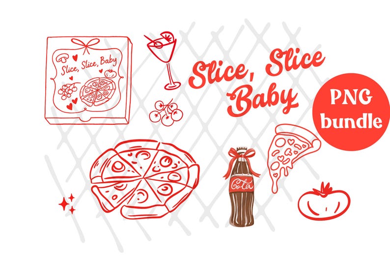 K&ouml;nnte beinhalten: Rotes und braunes PNG-Bundle zum Thema Pizza mit Pizzakarton, Pizza, Coca-Cola-Flasche, Pizzast&uuml;ck, Tomate, Cocktail und dem Text "Slice, Slice Baby".