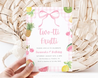 Two-tti Frutti Birthday Invitation, Pink Tropical Fruit Party, 2nd Second Summer Girl Gingham Sweet Cherry Strawberry Tutti Twotti Frutti