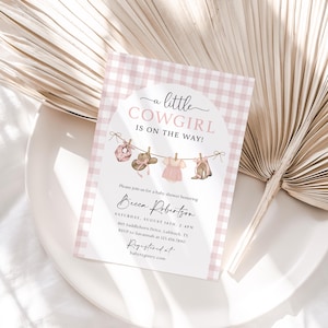 A Little Cowgirl Is On The Way Invitation, Cowprint western rodeo Baby Shower Invite, Baby girl Boho watercolor minimal modern pink Gingham