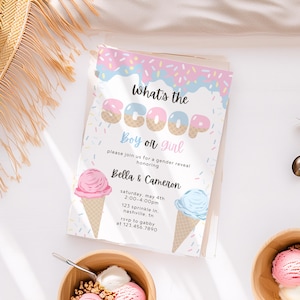 Invitación para revelar el género de Whats The Scoop, cono de helado rosa y azul, invitación para fiesta de verano con helado para bebé niño o niña, chispas