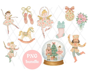 Nutcracker Ballet PNG floral mouse ballerinas Baby Shower Winter Tutu, Boho watercolor Christmas clipart birthday Little Sugar Plum dance