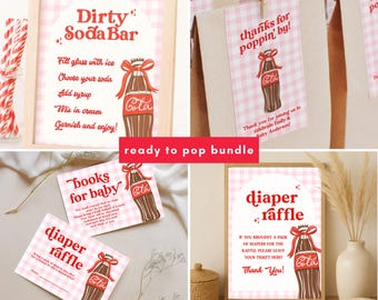 Sie ist bereit für Pop Babyparty Dekor, Gingham Pink Rot Vintage, Cola Junge Mädchen Schleife Willkommensschild Danke schmutzige Soda Bar