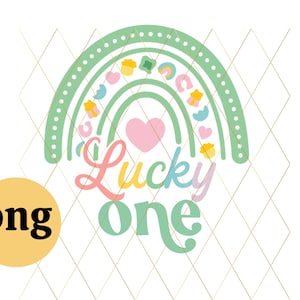 May include: A colorful graphic with a rainbow design, featuring a heart and various St. Patrick's Day symbols. The words "Lucky one" are written in a playful font. A yellow circle with "png" is in the lower left corner.
