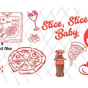 K&ouml;nnte beinhalten: Rote Strichzeichnungen von Pizza, einer Pizzaschachtel, einer Cola-Flasche, einem Cocktail und einer Tomate. Der Text enth&auml;lt "Slice, Slice, Baby" und "PNG bundle". Die Worte "set of 9 transparent files" sind ebenfalls vorhanden.
