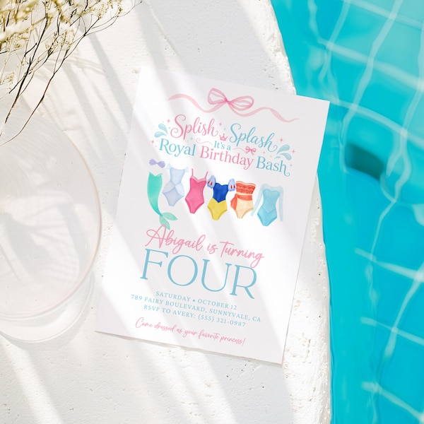 Princess Pool Party Birthday Invitation, Dress up Party, Summer Invite with Tiara Crowns Dresses, Royal Splash Swimsuit, digital download