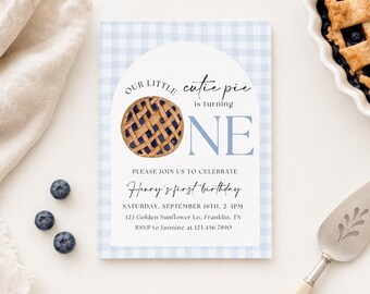 Boy Cutie Pie First Birthday Invitation Blue, Sweetie 1st Birthday Invitation, Fall Birthday, Autumn Pie Themed Party One Thanksgiving