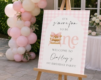 Girl S'mores Birthday Welcome sign Bonfire Birthday, Smore Fun to be One Pink Party Fall Camp Campfire 1st First decor poster