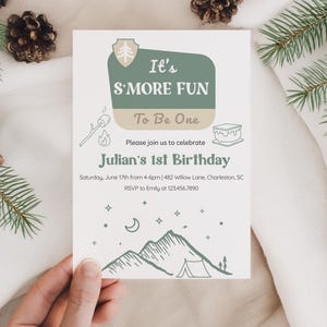 S'more Fun to be One, UN invito per campeggiatori felici, festa di compleanno per un bambino in campeggio, primo invito al parco nazionale per un anno, Montagne