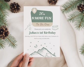 S'more Fun to be One, ONE happy camper invitation, boy 1st birthday party camping adventure, first national park invite one year Mountains