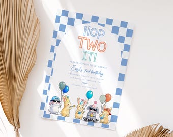 Boy Hop TWO it Birthday Invite, Rabbit Boys 2nd Birthday Invitation, Retro Easter Template Somebunny Pastel watercolor skateboard groovy