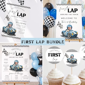 以下が含まれることがあります： レーシングをテーマにしたパーティーデコレーションのコレクション。このセットには、青いレーシングカーのイラストと「First Lap」のテキストがすべて含まれており、看板、カップケーキトッパー、バナーが含まれています。配色は青、白、黒です。