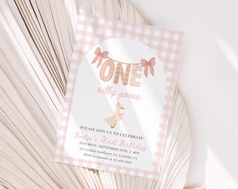 One Silly Goose First Birthday Invitation, green Pink Gingham Goose Party Invite, Vintage Floral Bow Theme, Girl 1st Coquette Template
