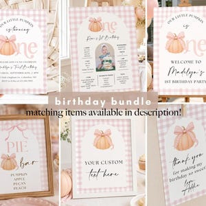 Roze strik Onze kleine pompoen uitnodiging, Onze kleine pompoen wordt één jaar, eerste verjaardag meisje in de herfst, geruite herfst uitnodiging voor het eerste feestje afbeelding 3