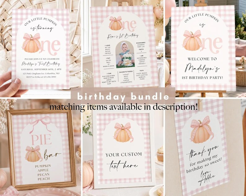 Roze strik Onze kleine pompoen uitnodiging, Onze kleine pompoen wordt één jaar, eerste verjaardag meisje in de herfst, geruite herfst uitnodiging voor het eerste feestje afbeelding 3