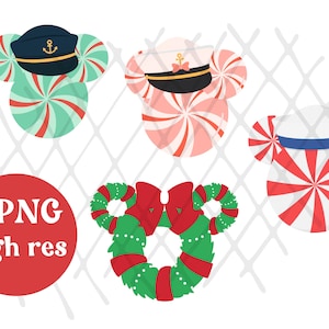 Puede incluir: Una colección de diseños caprichosos con cabezas en forma de caramelo con gorras de marinero y una corona navideña. Los diseños utilizan los colores rojo, blanco, verde y azul. También hay un círculo rojo con el texto "4 PNG high res".