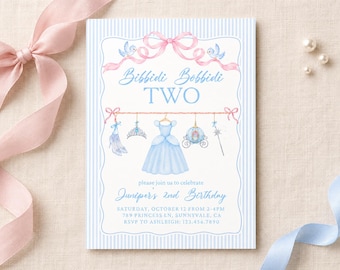 Bibbidi Bobbidi Boo TWO Birthday Invitation, 2nd Party Invite fairy godmother Watercolor Dress Princess Glass slipper Pumpkin Carriage