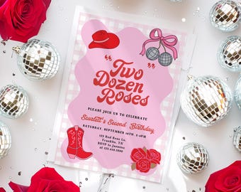 Two Dozen Roses 2nd Birthday Invitation, Pink Floral Western Theme, Girl 2 Dozen Roses Song Cowgirl 2nd Invite Pink Second Disco Hat Rose
