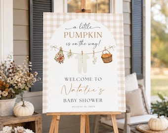 Little Pumpkin Baby Shower Welcome Sign, A Pumpkin is on the Way, Autumn Decor, Fall Gingham Poster Gender Neutral Girl Boy Clothesline