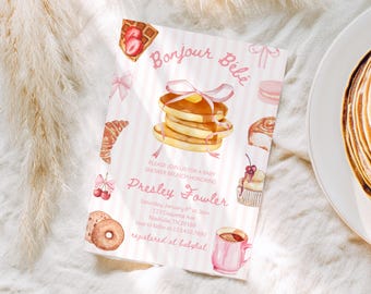Bonjour Bebe Baby Shower Invite, French Shower Invitation Template Themed Hand Drawn Baby Paris Baby Shower cafe Eiffel Tower croissant