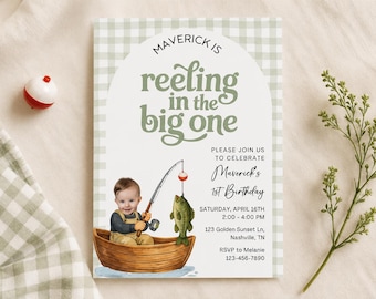 Reeling in the big One Birthday Invite, Boy 1st party invitation, First fisher fisherman fishing face picture O-Fish-Ally One Sage Green