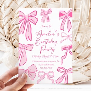 Faire-part d'anniversaire noeud rose, tous les âges, fête des noeuds coquette, 1er 2e 3e 4e 5e 6e 7e 8e Sweet Girls inviter une fille à thème noeud rose modifiable