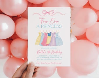 Invito di compleanno per quattro principesse, abito rosa reale, festa in maschera, invito ad acquerello per quattro principesse, tiara, corone, abiti, costume rosa