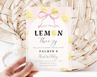 Easy Peasy Lemon Three-zy Invite, Pink Lemonade third Birthday Invitation, Girl 3rd Birthday Invite Template, summer pool party citrus
