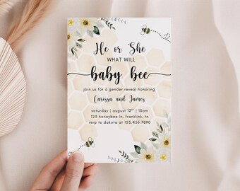 Boho What will baby bee Gender Reveal Invitation, Minimal Modern Baby Boy or Girl He or She Invite, Pastel Gender Neutral, Beehive Honey