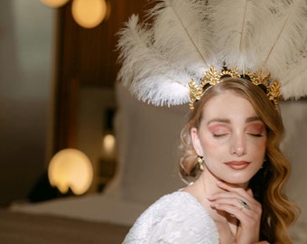 Ultimate Show stopper Bridal Headpiece - Feather Crown Bridal Headpiece - Art Deco Showgirl Editorial Hair Accessory -1930s Movie Star