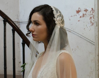 Luxury Beaded Juliet Cap Wedding Veil  , Kate moss style veil, 1930s Bridal Veil,  Champagne Juliet Cap Veil