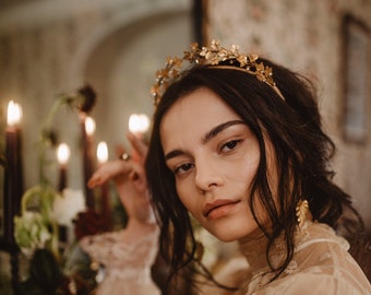 Raised bridal crown of ivy leaves and crystals -  Gold  Tiara - Boho Wedding Headpiece - Agnes Hart - leaf crown