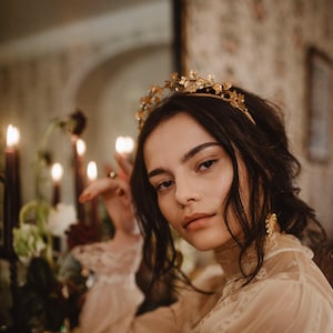 Raised bridal crown of ivy leaves and crystals -  Gold  Tiara - Boho Wedding Headpiece - Agnes Hart - leaf crown