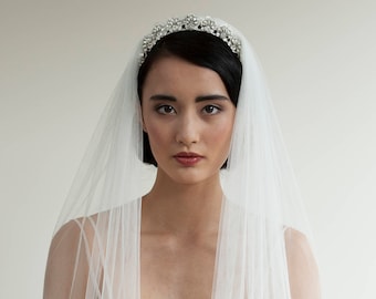 Traditional gathered Bridal Veil and Tiara -Silver Crystal Wedding Headpiece - Soft Tulle Veil in Off-white veil , Ivory  Champage