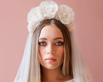 Silk Flower Crown - Bridal Headpiece with silk peonies - Frida Kahlo Wedding Headpiece - Agnes Hart UK