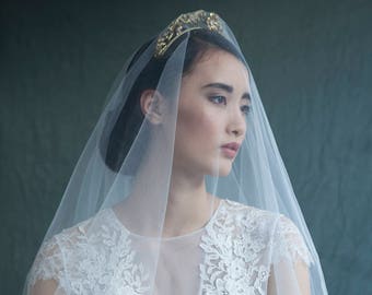 Gold Bridal Halo and Ivory Wedding Veil - Statement Gold Bridal Crown with dramatic veil - Bohemian Bridal Veil and Headpiece - Agnes Hart