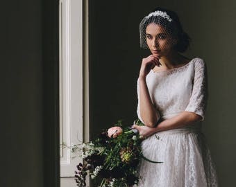 Ivory Birdcage Veil with Lace - Vintage Wedding Veil - Bridal Face Veil - French Net veil - Vintage wedding Dress